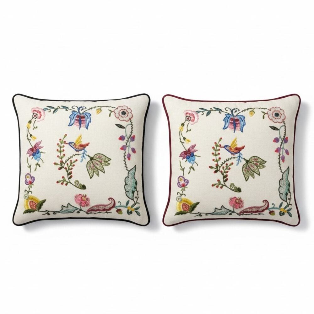 2 Vintage Crewel Handmade Floral Bird Throw Pillows 13x13 Boho Cottage